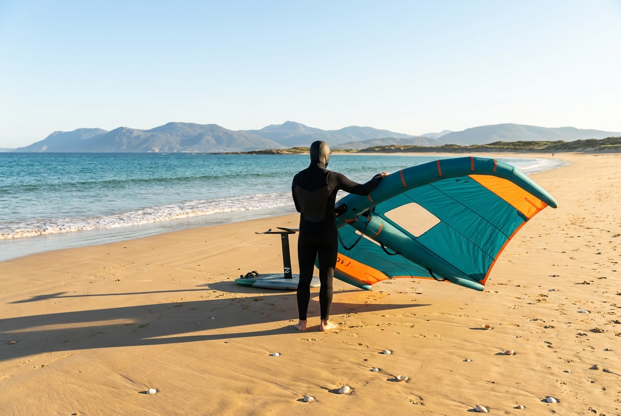 Illustration: wing foiler rigging a wing foil on the sand at Jericho Beach with English Bay and the North Shore mountains behind
