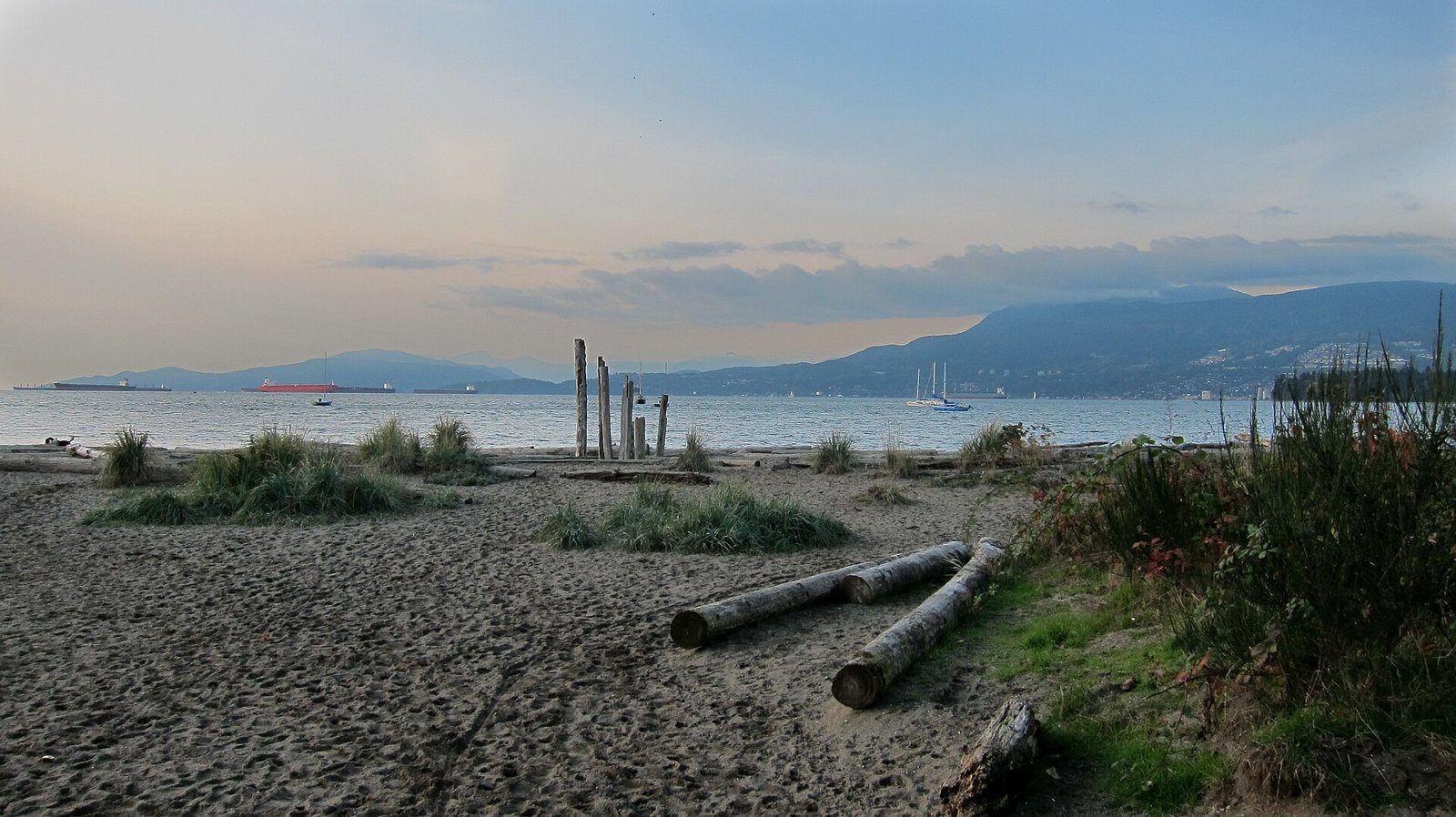 Jericho Beach in Vancouver looking across English Bay to the North Shore mountains