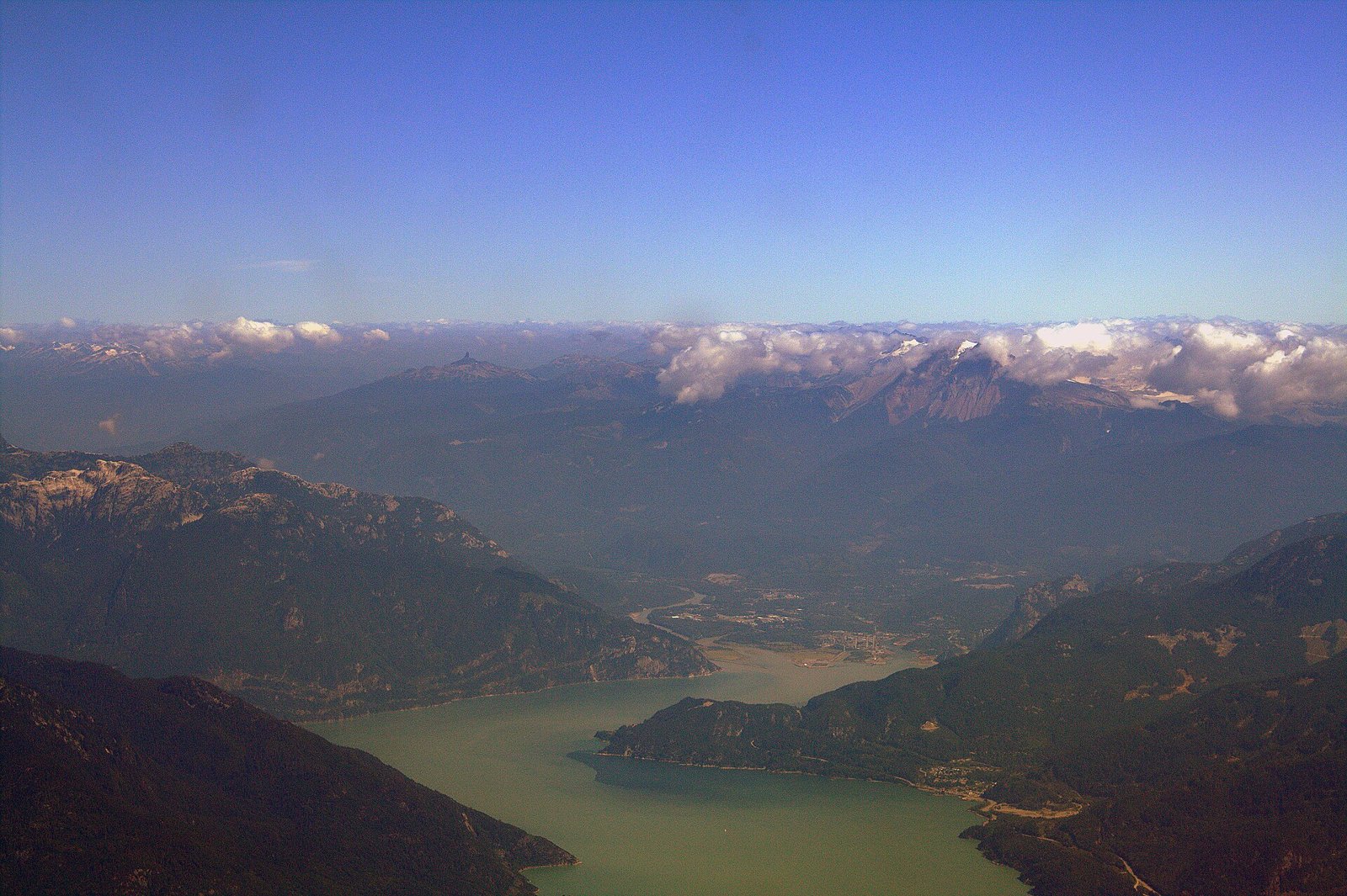Aerial view of the north end of Howe Sound and Squamish, where the Spit launch sits at the head of the fjord