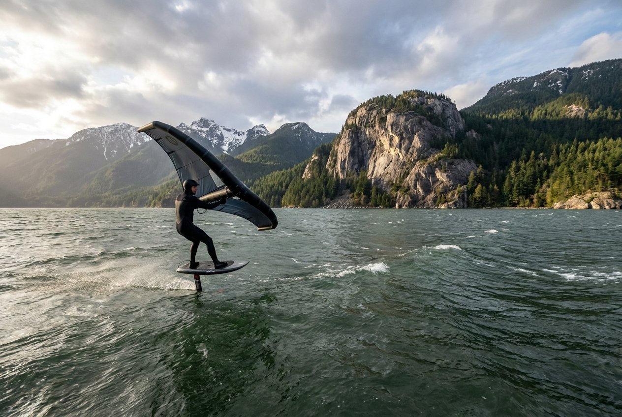 Illustration of a wing foiler riding a strong afternoon thermal on choppy water beneath granite cliffs near Squamish