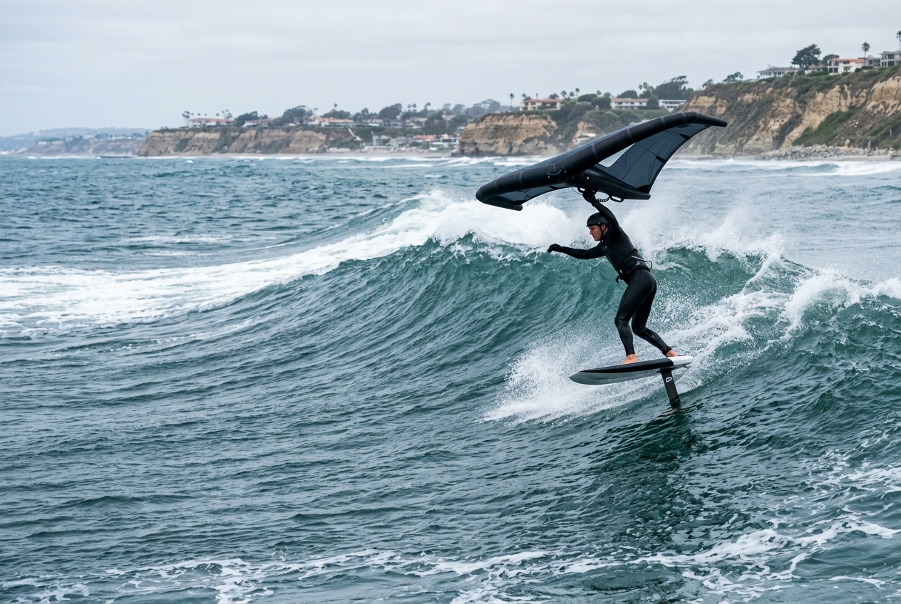 Illustration of a wing foiler in a full wetsuit riding ocean swell at Cardiff-by-the-Sea, San Diego