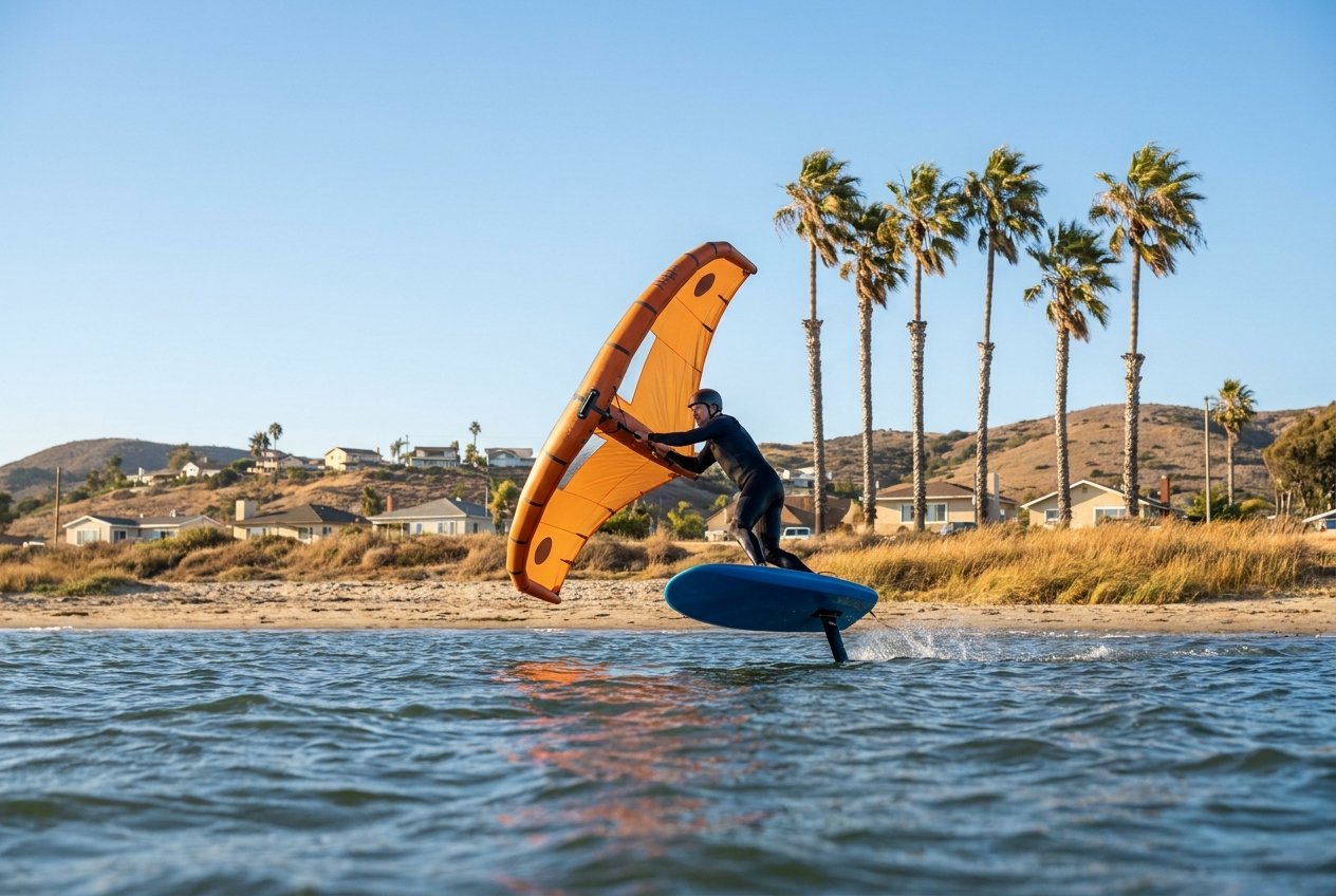 Illustration of a wing foiler on a sheltered Southern California bay in a light afternoon sea breeze