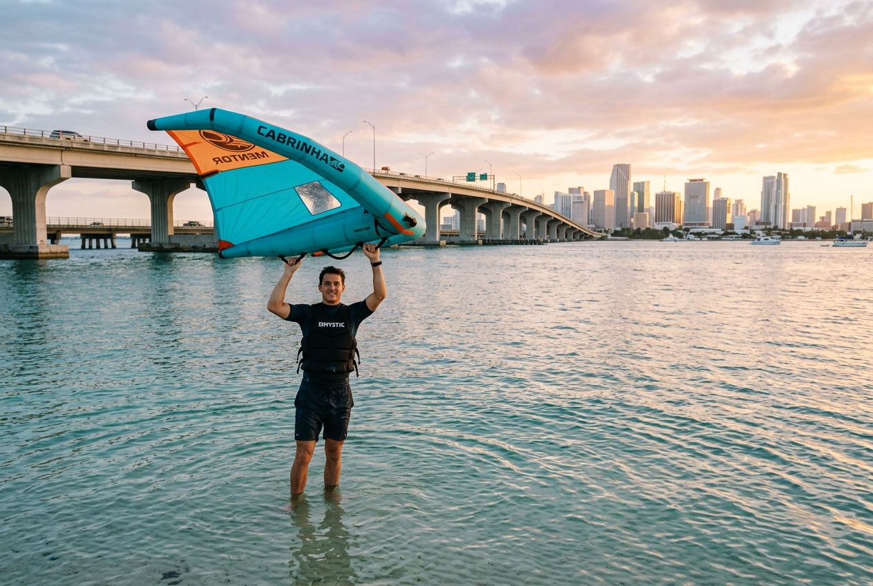 Wing foiling in Biscayne Bay, Miami: AI illustration of a beginner standing in shallow calm bay water near a causeway with the city skyline behind