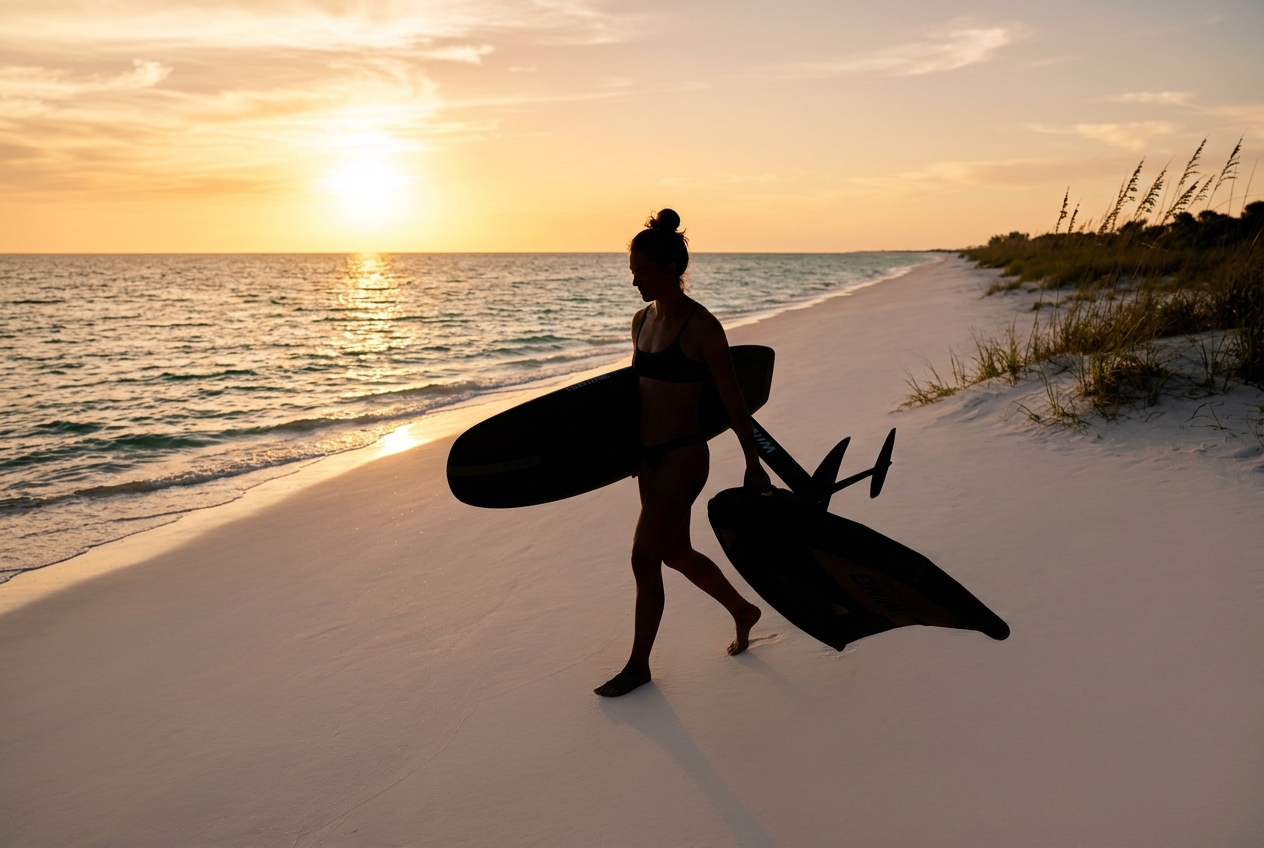 Wing foiling on the Florida Gulf coast: AI illustration of a rider carrying a wing along a white-sand beach with dune grass and calm bay water