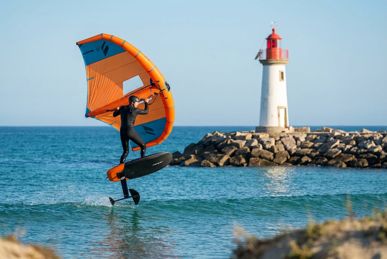 Wing foiling Florida: AI illustration of a rider foiling on flat turquoise water off an Atlantic coast sandbar with a lighthouse and jetty in the background