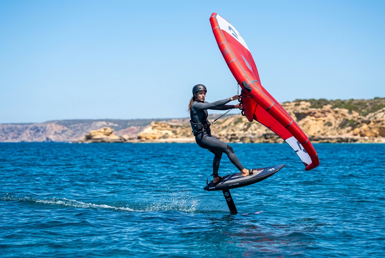 Wing foiler pointing high upwind with the wing pushed forward toward the nose of the board