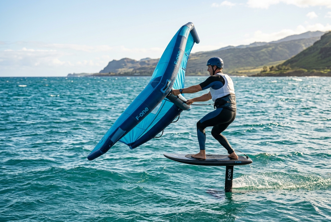 Wing foiler riding upwind with shoulders stacked over the hips and wing held low and forward