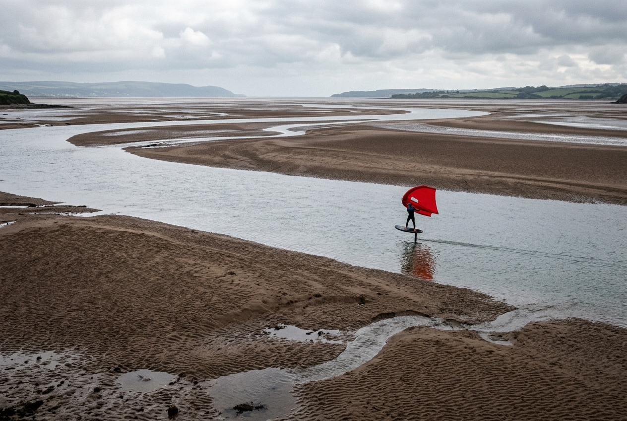 Illustration of Hayling Island tidal sandbanks and harbour channels at low tide with a wing foiler riding across flat water