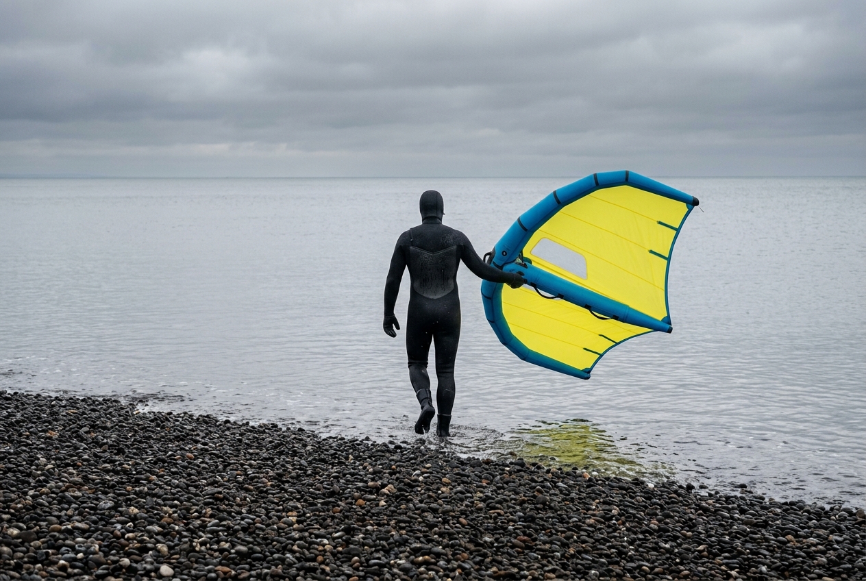Illustration of a wing foiler in a winter wetsuit, boots, gloves and hood walking out across a shingle beach at Hayling Island