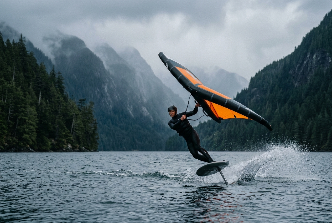Illustration of a wing foiler crossing a narrow fjord with steep forested mountains, inspired by the Squamish Howe Sound