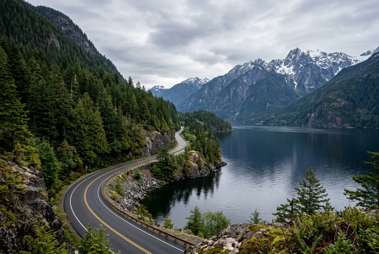 Illustration of a two-lane coastal highway curving along a fjord, forested mountains dropping steeply to dark water